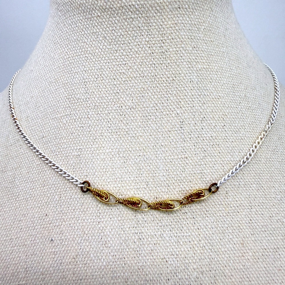 Vintage White Enamel Curb Chain Necklace Gold Tone Textured Center Link Two Tone